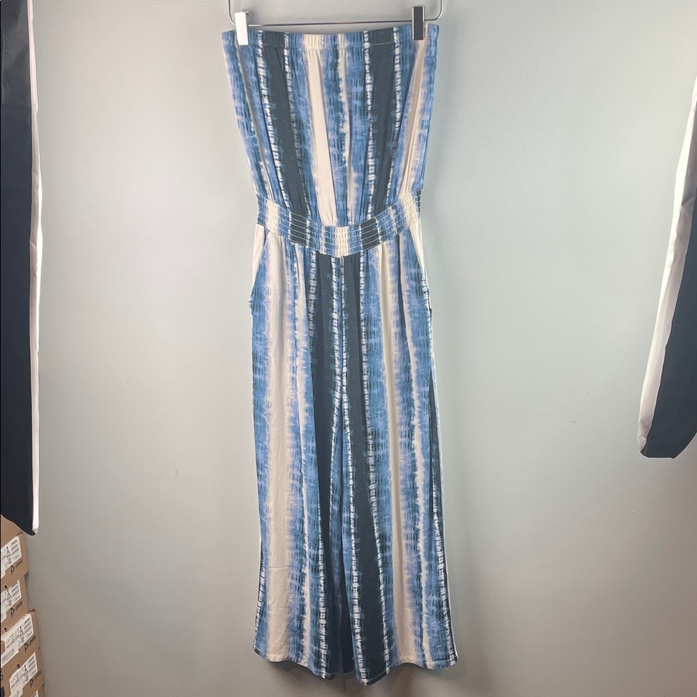 Peyton Jensen Blue and White Tie Dye Striped Strapless Jumpsuit Size S